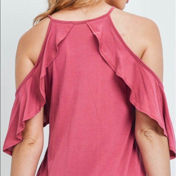 ❌DONATED❌Rose Pink Tie Neck Cold Shoulder Ruffle Sleeve Top - Picture 2 of 10